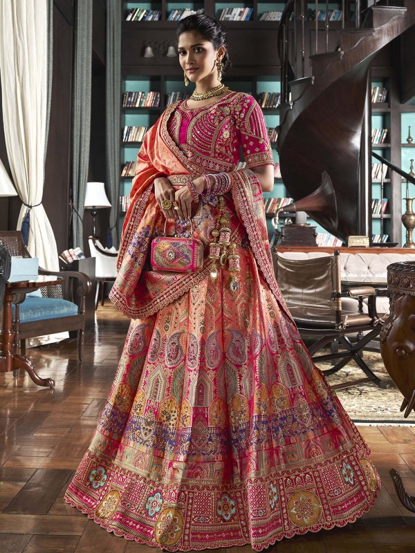 Peach Banarasi Silk Bridal Lehenga Choli